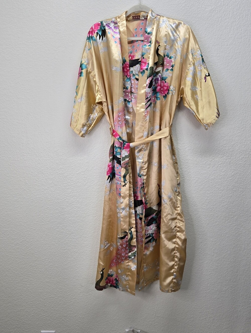 Boho Gold Satin Peacock Floral Kimono Robe Long Nightgown Sleepwear Bathrobe OS